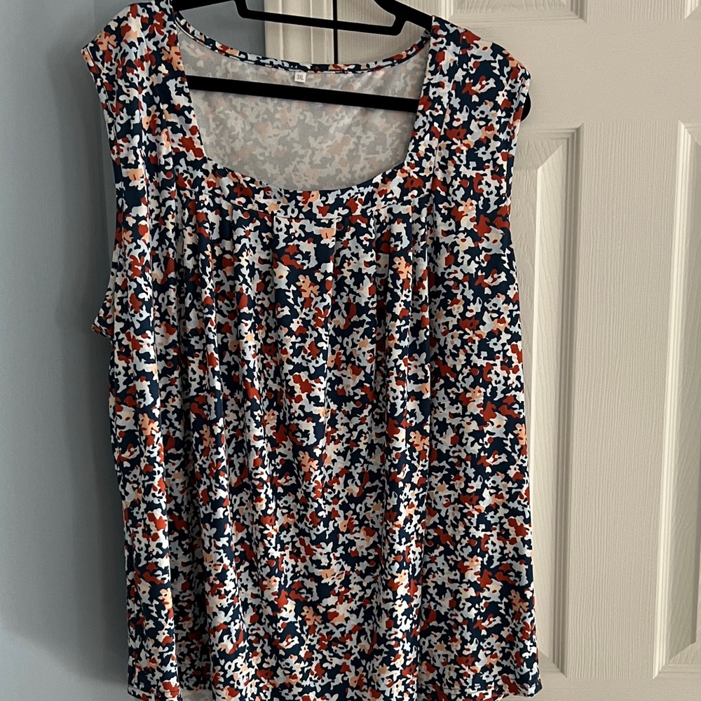 Sleeveless Navy, White & Rust Printed Scoop Neck Top